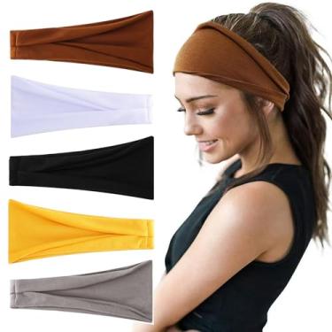 Imagem de 5 faixas de cabelo femininas, faixas de cabelo esportivas largas e elásticas, elásticas, macias, faixas de transpiração antiderrapantes para corrida, moda, ioga, exercícios, lavagem do rosto, uso