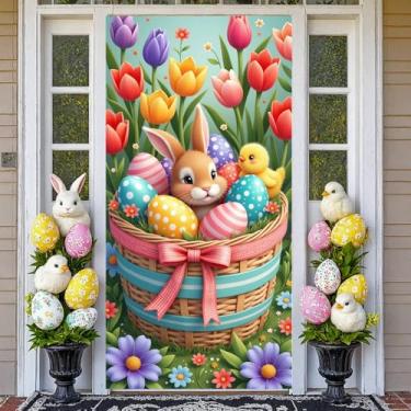 Imagem de Capa de porta de Páscoa feliz, 89 x 178 cm, cesta de flores de páscoa engraçada, bandeira de porta de coelho com corda de coelho, ovos de primavera, fundo fotográfico para decoração interna de