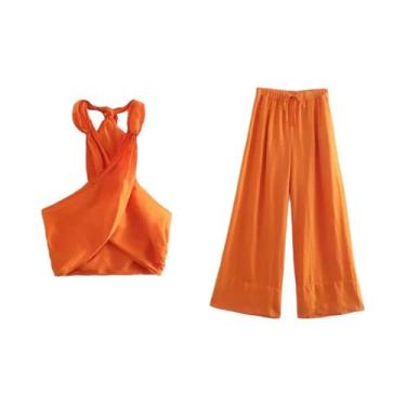 Imagem de Conjunto De Top Cropped Sem Mangas Em Caqui E Calças De Cintura Alta C