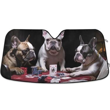 Imagem de Jogo de buldogues franceses personalizados para-sol de carro engraçado protetor solar de caminhão dobrável engraçado para para-brisa dianteiro de carro S, 134,6 cm x 59,7 cm