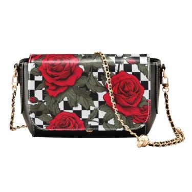 Imagem de Red Roses on Checkerboard Bolsas tiracolo femininas de couro preto e branco, bolsas de couro para mulheres modernas, Rosas vermelhas no tabuleiro xadrez preto e branco 2, One Size