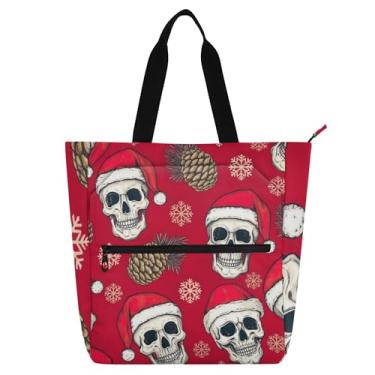Imagem de GAIGEO Caveiras engraçadas, chapéu de Papai Noel, vermelho, bolsa de trabalho para mulheres, bolsa de lona com zíper, bolsa de praia, presente de tecido para amantes de livros