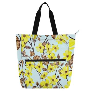 Imagem de GAIGEO Sacola floral amarela azul claro para mulheres e crianças com zíper, sacola de trabalho escolar reutilizável, bolsa de lona