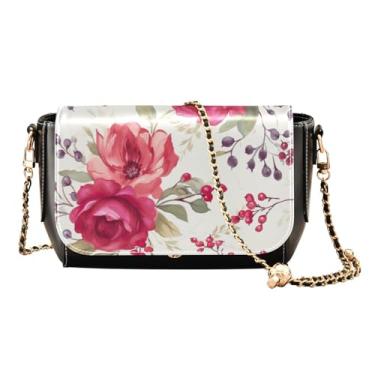 Imagem de Bolsas de couro transversais florais pintadas pêssegos para mulheres, bolsas de ombro com compartimentos, bolsas transversais femininas de couro, Floral com rosa vermelha e ramos - 3, One Size