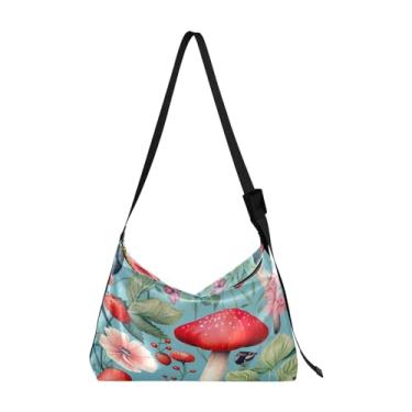 Imagem de GAIGEO Bolsa tiracolo de couro rosa vermelha preta com bolsa de ombro feminina, bolsa de ombro transversal, Flores silvestres e cogumelos - 4, One Size