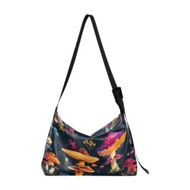 Imagem de GAIGEO Bolsa transversal de couro amores-perfeitos e flores em aquarela, bolsa transversal de couro com alça larga de couro, bolsa tiracolo masculina, Muitos cogumelos e flores coloridas-1, One Size