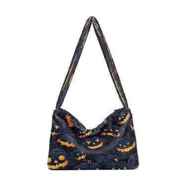 Imagem de Bolsas de ombro femininas Ladybug Animals Parrten, bolsas femininas de pelúcia, bolsas médias para mulheres, Halloween With Pumpkins on the Purple-7, One Size