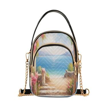 Imagem de GAIGEO Bolsa tiracolo feminina de campo de girassol, bolsa tiracolo com alça removível, bolsa transversal de viagem para mulheres, Pintura de praia com flores rosa - 4, One Size