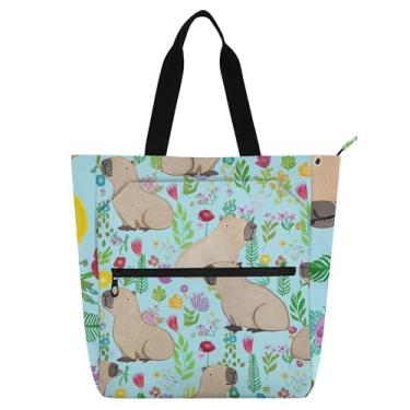 Imagem de GAIGEO Lindas capivaras com flores coloridas bolsa de trabalho feminina bolsa de tecido de lona bolsa escolar fofa infantil com compartimentos