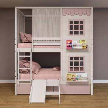 Imagem de Beliche Casinha Reta 02 Janelas 02 Gavetas Rosa Cortina E Escorregador Madeira Maciça Branco/ Rosa Housin