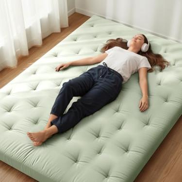 Imagem de ZonLi Colchão de futon japonês Queen Size 152 cm x 203 cm, 100% algodão, 6,3 cm, colchão de tatame espesso, almofada de dormir dobrável, tapete de tatame portátil, cama de enrolar para adultos (verde
