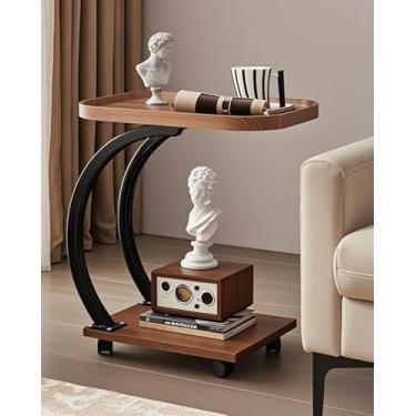 Imagem de Mesa lateral com rodas para sofá, mesa lateral rolante para sala de estar, mesa de canto pequena com rodas, estrutura de metal, para sala de estar, quarto, cabeceira, marrom rústico e preto (marrom)