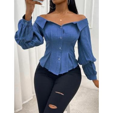 Imagem de Blusa feminina azul de manga bufante com ombros de fora - blusa peplum com botões frontais, Azul, Large