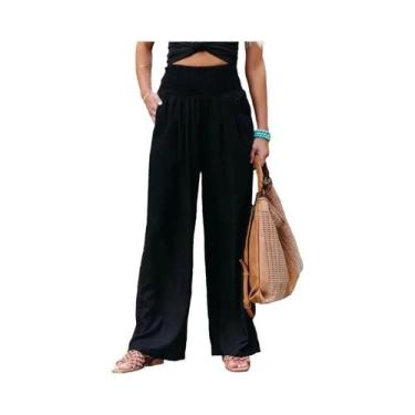 Imagem de Calças Casuais Femininas De Perna Larga Com Cordão Na Cintura Média Es