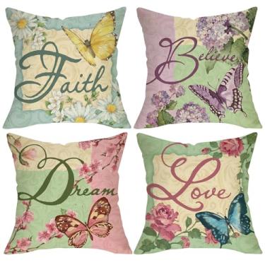 Imagem de Fjfz Conjunto de 4 capas de almofada decorativas florais inspiradoras primavera verão 45,7 x 45,7 cm, flor borboleta Faith Believe Dream Love varanda decoração de casa, vintage motivacional sofá sofá
