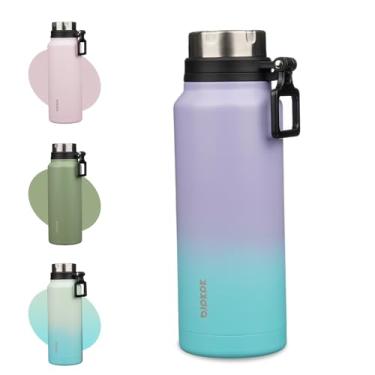 Imagem de BJPKPK Garrafa de água isolada de 1,134 g com alça de aço inoxidável livre de BPA garrafa térmica de viagem reutilizável garrafa de água grande, roxo-verde
