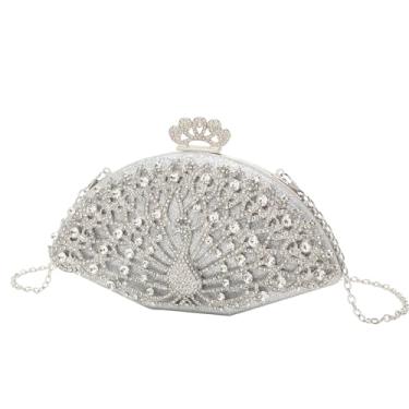 Imagem de ZUC Bolsa de festa pavão, bolsa clutch elegante e elegante, bolsa de ombro com corrente, Prata, One Size