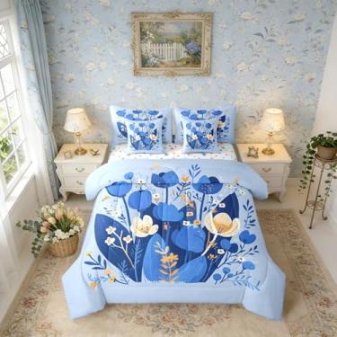 Imagem de Erosebridal Conjunto de edredom floral de primavera com 7 peças, solteiro, flores azuis, quarto de crianças, adolescentes, adultos, azul, jardim botânico, em um saco, ramos florais, conjunto de cama