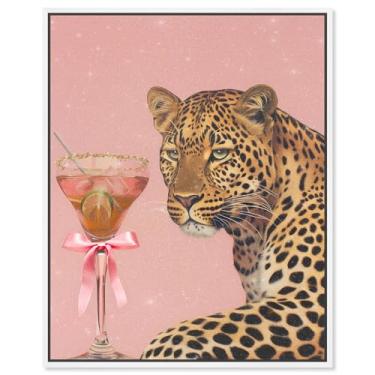 Imagem de Art Remedy Arte de parede glamorosa de tigre leopardo e bebida, moldura branca, 51 x 61 cm
