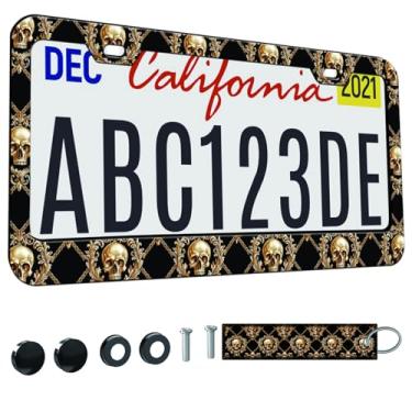 Imagem de 1 peça de moldura de placa de licença para mulheres, molduras decorativas de carro femininas, suporte de capa de placa de carro com etiqueta de chaveiro de carro dupla face (para caveira marrom, 1