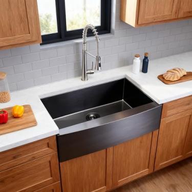 Imagem de SHACO Pia de fazenda preta de 83 cm, preto, 16 calibres, aço inoxidável, tigela única, avental frontal para pia de cozinha