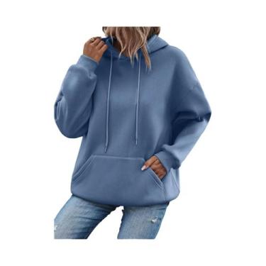 Imagem de Moletom Feminino De Cor Sólida Com Capuz E Bolsos, Casual, Streetwear,