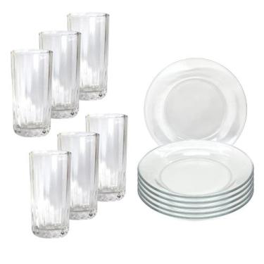 Imagem de Jogo 12 Peças Aparelho de Jantar 6 Pratos Fundo Liso Vidro + 6 Copos L