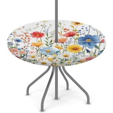 Imagem de Pardick Toalha de mesa redonda de flores selvagens para uso ao ar livre com orifício para guarda-chuva, toalha de mesa redonda ajustada à prova d'água com zíper elástico, capa de mesa de pátio ao ar