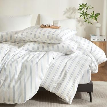 Imagem de MWL Toy Conjunto de capa de edredom king size branco azul listrado algodão lavado linho sensação chique conjunto de cama para todas as estações respirável durável texturizado (listras largas BDLT)