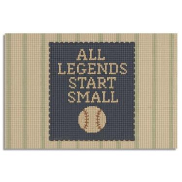 Imagem de All Legends Start Small Arte de parede inspiradora em tela, pôster esportivo motivacional de beisebol para berçário, estampa listrada verde e azul vintage para quarto de menino infantil 30,5 x 40,6 cm