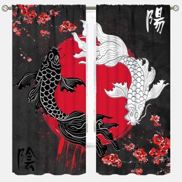 Imagem de Cortinas Koi Japonesas, Flor de Cerejeira Estilo Asiático Chinês Yin Yang Vermelho Sol Blackout Tratamentos de Janela para Cozinha Sala de Estar Quarto Cortinas 106 x 113 cm