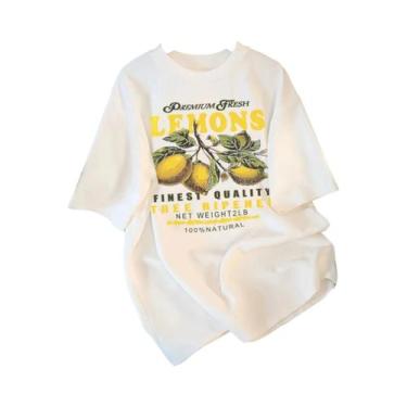 Imagem de Camiseta Feminina Solta De Algodão Com Estampa De Limão, Gola Redonda,