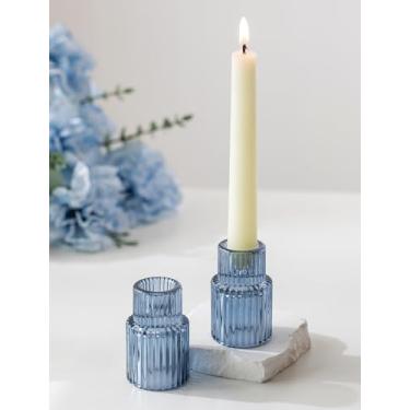 Imagem de Romadedi Castiçais de vidro para castiçal – 2 peças de castiçais azuis afunilados para decoração para mesa de centro de mesa, suporte cônico com nervuras para festa de aniversário, casamento, chás de