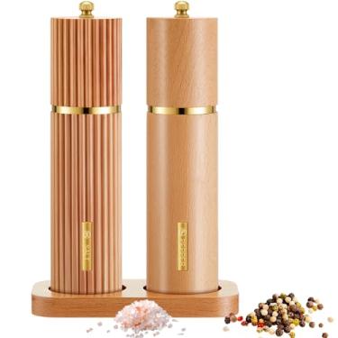Imagem de LOYIM Conjunto de moedor de sal e pimenta de madeira, 20 cm, recarregável, manual de madeira, conjunto de moedor de sal e pimenta com configurações grossas ajustáveis, resistente à ferrugem, mecanismo