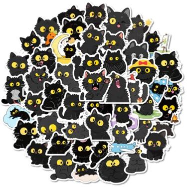 Imagem de 50 peças de adesivos de desenho animado de gato preto de olhos grandes - adesivos fofos e patetas à prova d'água para copos, laptop, tablet, telefone, decoração de artesanato DIY (preto)