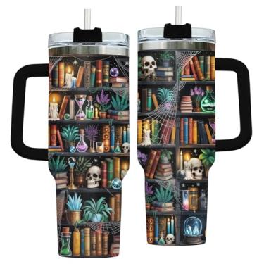 Imagem de GEPOSTORE Reading Bookshelf Tumbler 1,134 g com alça e canudo, copo de viagem de aço inoxidável isolado, garrafa de água para uso diário, presente de aniversário para amantes de livros