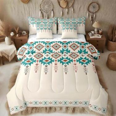Imagem de Feelyou Conjunto de cama com 7 peças, cáqui, asteca do sudoeste, geométrico, vintage, com lençol de solteiro, rústico, boêmio ocidental, tribal, para decoração de quarto feminino e masculino, macio