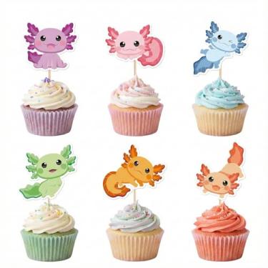 Imagem de 36 peças de topos de cupcake axolotl, tema de axolote pastel, suprimentos de festa de aniversário, decorações de bolo de salamandra fofas para meninas, crianças, revelação de gênero, chá de bebê