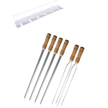 Imagem de Kit/Conj. suporte + 4 espetos simples + 2 espetos duplo cabo madeira 60 cm de lâmina