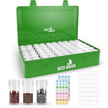 Imagem de Caixa organizadora de sementes, banco de sementes verde opaco à prova de luz com 60 garrafas e etiquetas transparentes, organizador de pacotes de suporte de sementes, recipiente de cofre de sementes