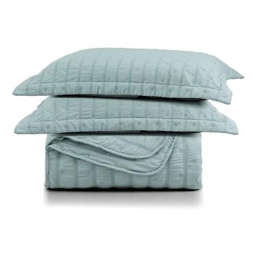 Imagem de Kit Colcha Cobre Leito Casa Scarpa Plissê Casal Seersucker Premium 3 Peças Maciez e Leveza com Textura 3D Verde Essencial