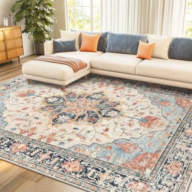 Imagem de RELEANY Tapetes de área, 2,8 m x 25,4 m, lavável, antiderrapante, estampa floral, vintage, tapete medalhão para sala de estar, quarto, sala de jantar, bege, azul marinho, laranja, colorido