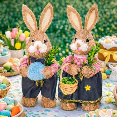 Imagem de Casal Coelho Decoração Enfeite Páscoa Palha Artesanal 55cm