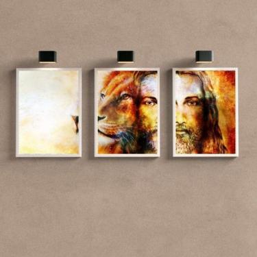 Imagem de Quadros Decorativos Jesus e Leão 33x24cm - Vidro, Branco