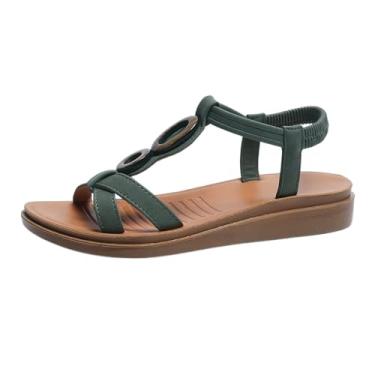 Imagem de Sandálias rasteiras femininas casuais estilo romano com tiras elásticas abertas e sola macia para uso confortável ao ar livre, Verde, 35