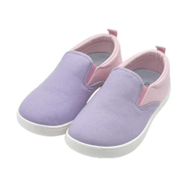 Imagem de Tênis infantil para meninas e meninos, cano baixo, sem cadarço, com bloqueio de cor, sapatos casuais de lona, confortável, tênis de corrida e caminhada com bloqueio de cor, roxo claro, rosa claro