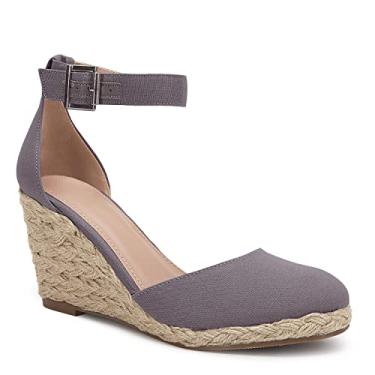 Imagem de Coziavenue Sandália feminina de bico fechado, alpargatas, salto plataforma, tira no tornozelo, fivela, Cinzento-acastan, 39