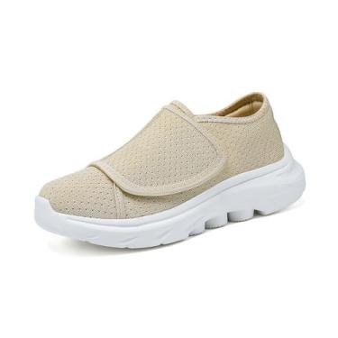 Imagem de MGGMOKAY Tênis de caminhada feminino para diabéticos, ajustável, sem cadarço, Bege, 38