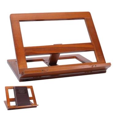 Imagem de WADORN Suporte de livro de madeira, suportes ajustáveis de livros de receitas para balcão de cozinha, suporte de bíblia de chocolate para leitura de mãos livres, suporte de receitas para laptop