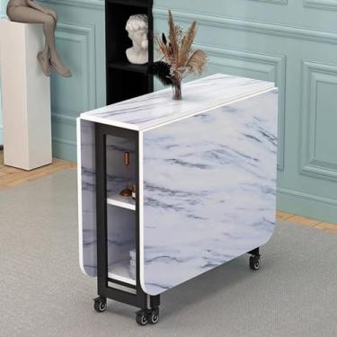Imagem de Mesa de jantar de folha larga, mesa de jantar dobrável moderna com 6 rodas e prateleiras de armazenamento de 2 camadas, mesa de cozinha que economiza espaço, suporte de aço carbono, dobrável em 3